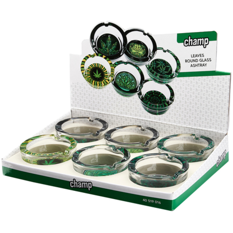 CHAMP LEAVES ROUND GLAS ASHTRAY 6PCS
